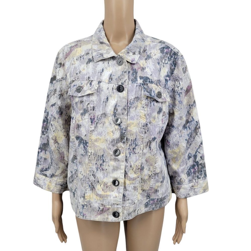 Chico's Linen Cotton Abstract Patterned Women's Jean Jacket